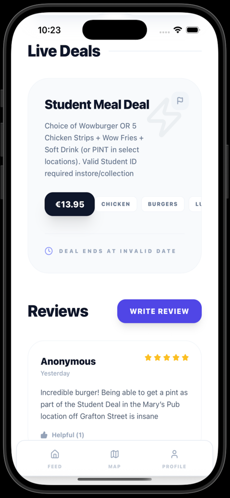 Student City - Interface de l'application Student City montrant les offres de repas en direct et les avis d'étudiants pour les lieux de Dublin.