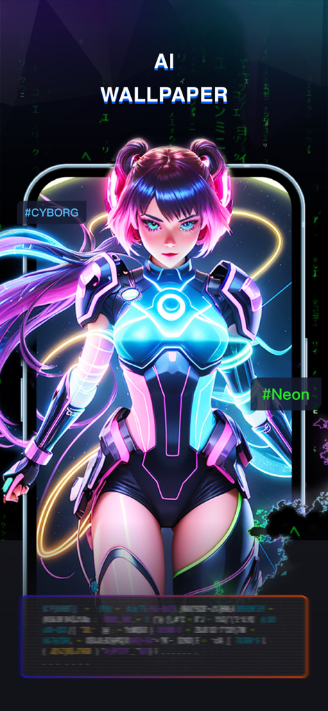 AI generated anime cyborg wallpaper with neon pink and blue lighting in OPixels app