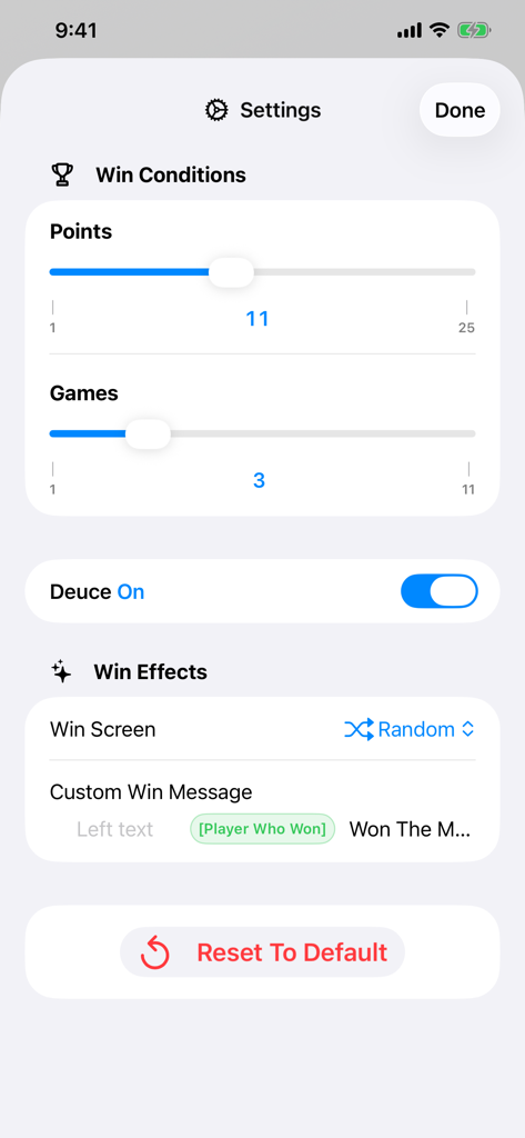 Settings screen for Ping Pong Scorer app showing customizable win conditions and game rules