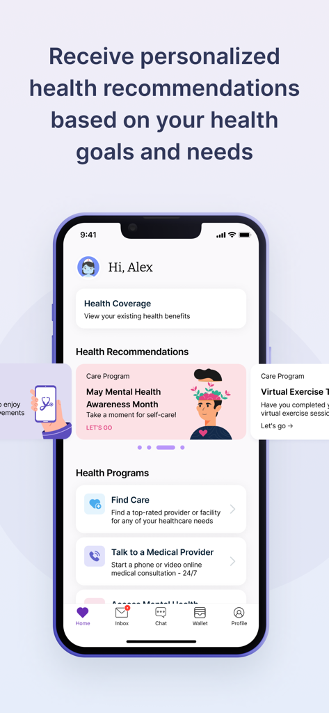 HealthJoy mobile app dashboard showing personalized health recommendations and healthcare program options.