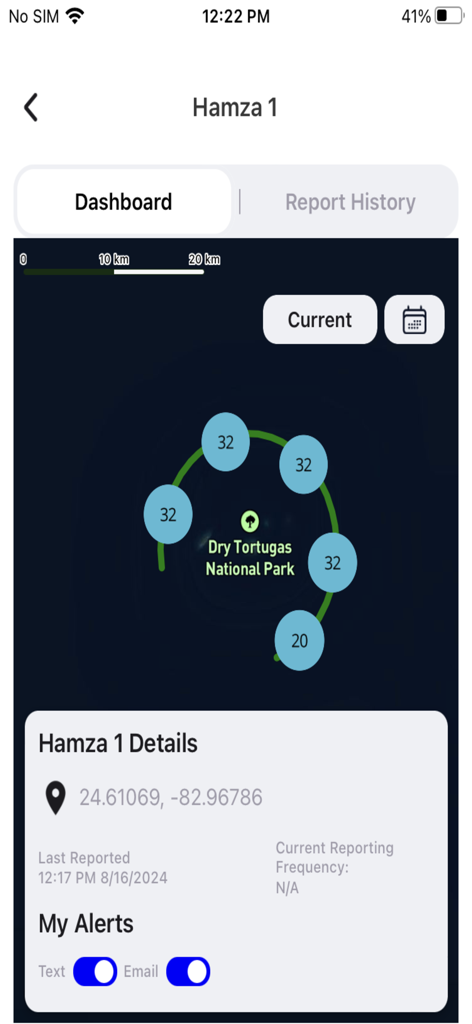 Dashboard dell'app Trak4 che mostra coordinate GPS, posizione sulla mappa e impostazioni di avviso per un bene tracciato
