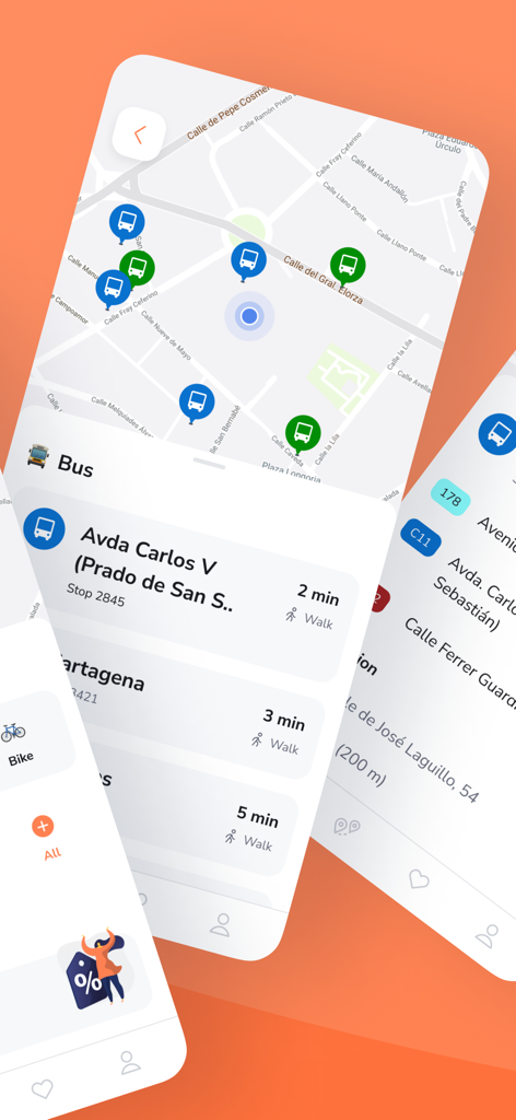 실시간 버스 도착 시간과 대중교통 지도가 표시된 Meep 앱 인터페이스