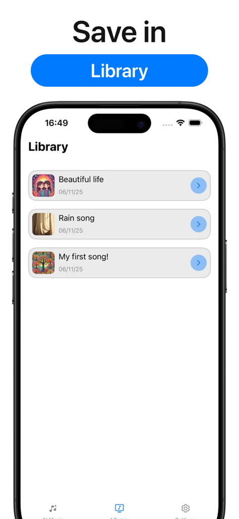 Eleven Labs AI Voice Generator - Library of saved AI music tracks in the Eleven Labs app