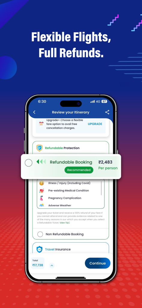 AkbarTravels: Flights & Hotels - Un teléfono inteligente que muestra la pantalla de revisión de itinerario de la aplicación AkbarTravels con opciones para reservas de vuelos reembolsables y seguro de viaje.