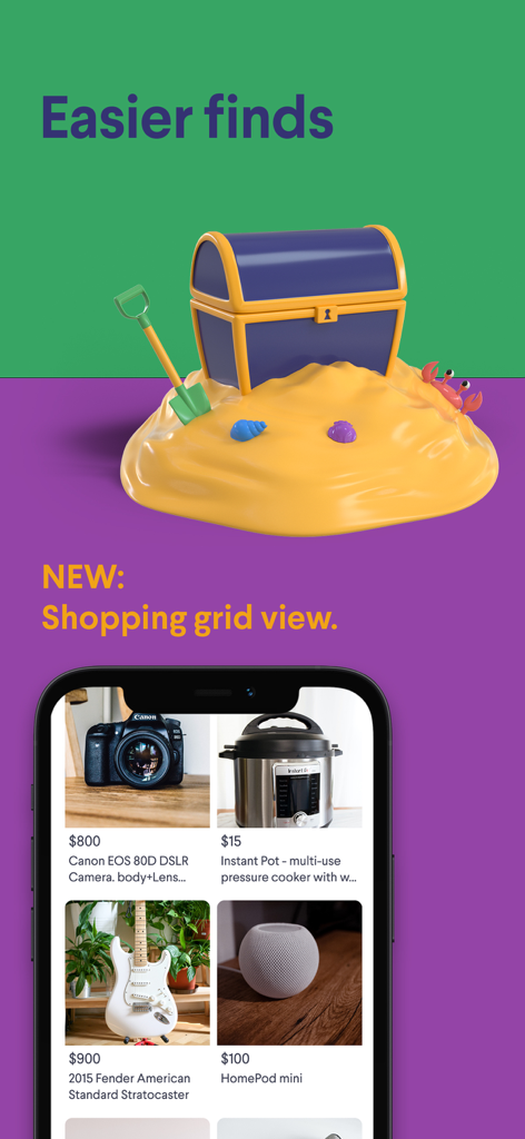 Kijijiモバイルアプリに、カメラ、インスタントポット、ギター、スマートスピーカーのリスティングが表示された新しいショッピンググリッドビューが表示されています