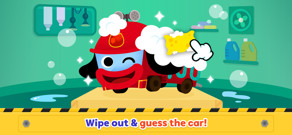 Baby Shark Car Town - Un personnage de camion de pompiers de dessin animé se fait laver avec de la mousse de savon et une éponge.