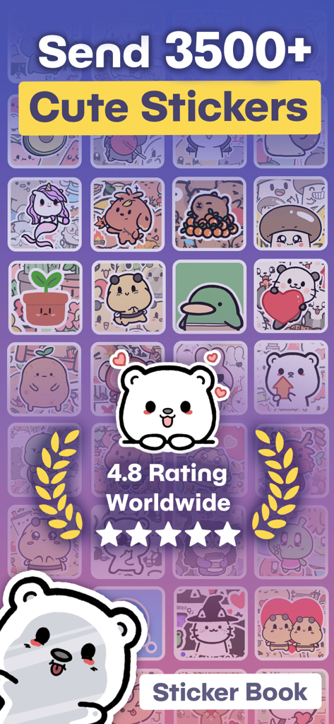 Sticker Book for iMessage - Promotional screen for Sticker Book for iMessage showing a variety of cute animal stickers and a 4.8 star rating.