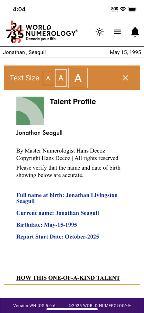 World Numerology Collection II - World Numerology app Talent Profile report screen showing personalized analysis by Hans Decoz