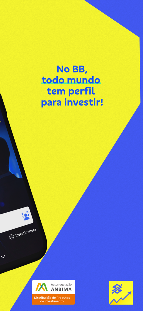 Promotional screen for the Investimentos BB app with a slogan in Portuguese about investing profiles