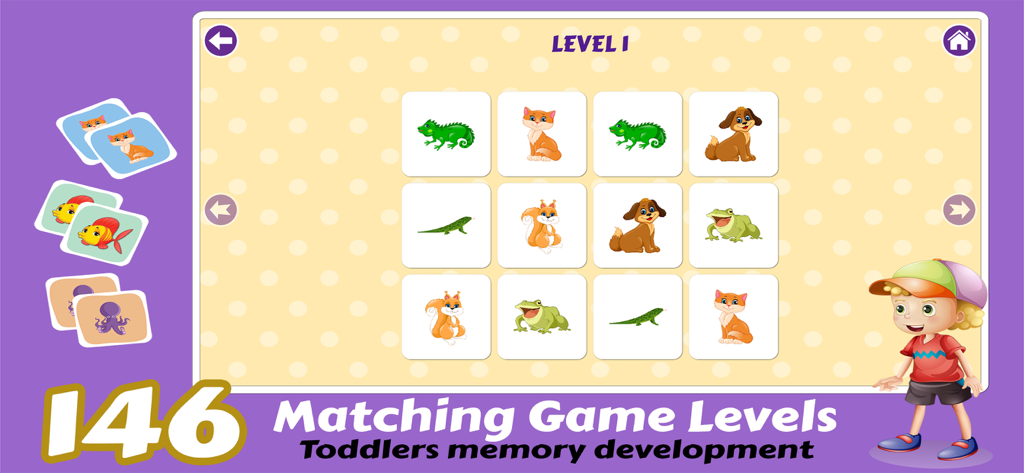 Pre K Preschool Learning Games - Animal matching game screen for toddler memory development