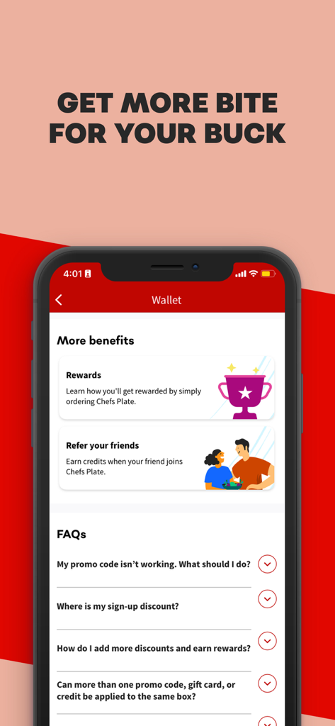 Pantalla de la billetera de la app Chefs Plate que muestra el programa de recompensas y los beneficios de referir a un amigo.
