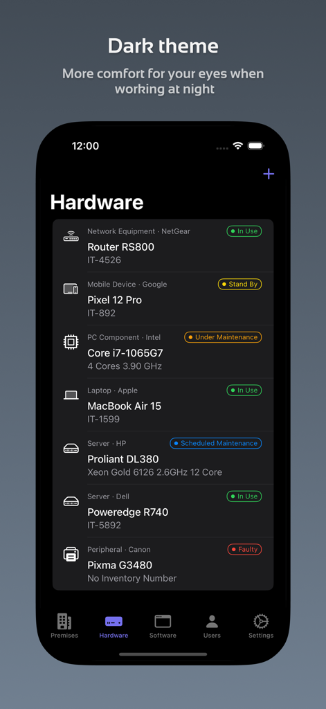 IT Asset Tracker - IT Asset Tracker mobile app hardware list screen in dark mode theme