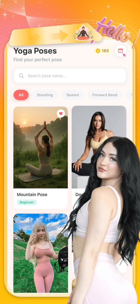 Panas - Echo & Share - Minimalist interface of the Panas yoga app displaying various yoga poses with categories and a search bar