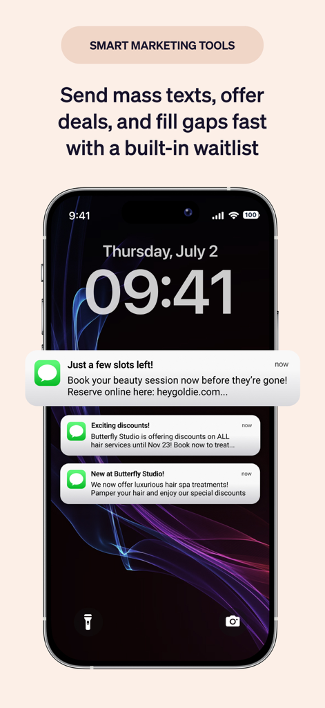 iPhone showing salon marketing text notifications for deals and bookings