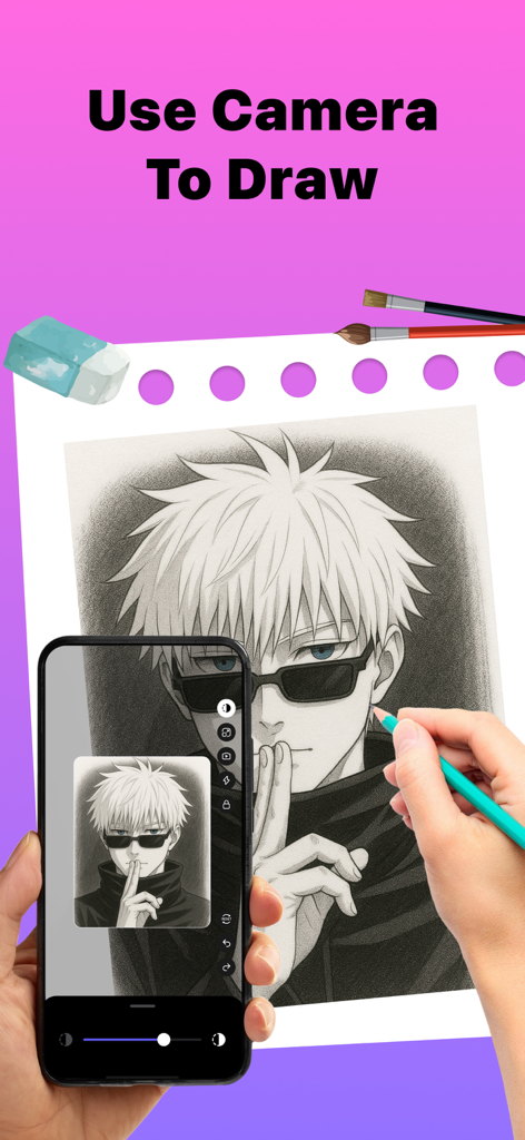 Drawing Projector: AR Drawing - Una persona usando la cámara de un smartphone para calcar un personaje de anime sobre papel usando tecnología AR.