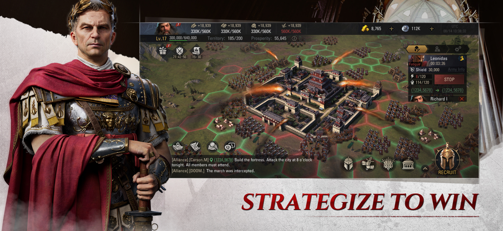 Epic Age mobile game screenshot with a Roman leader portrait and a city under attack on a hexagonal grid.