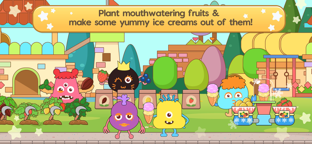 Personajes de monstruos plantando frutas y haciendo helados en el patio de recreo del juego
