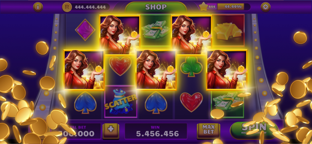 A vibrant mobile slot game interface showing a big win with gold coins flying across the screen and matching glamorous woman symbols