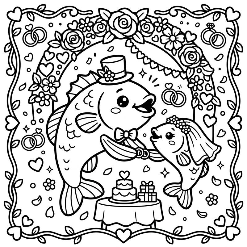Dive into a sea of cuteness with this Kawaii Bass Wedding coloring page, where two adorable fish tie the knot in style. This charming illustration is packed with romantic details, from floral arches to tiny wedding rings, ready for your creative touch.