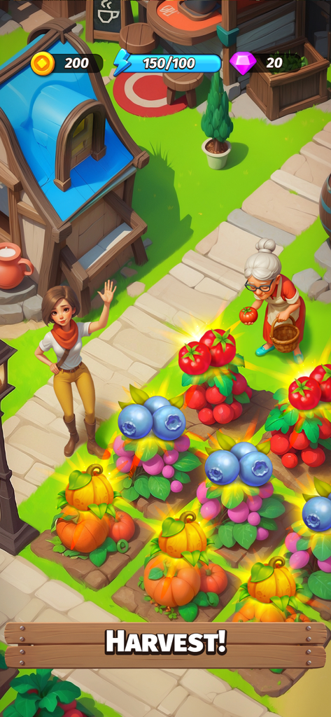 Characters harvesting glowing tomatoes, blueberries, and pumpkins in a vibrant farm setting.