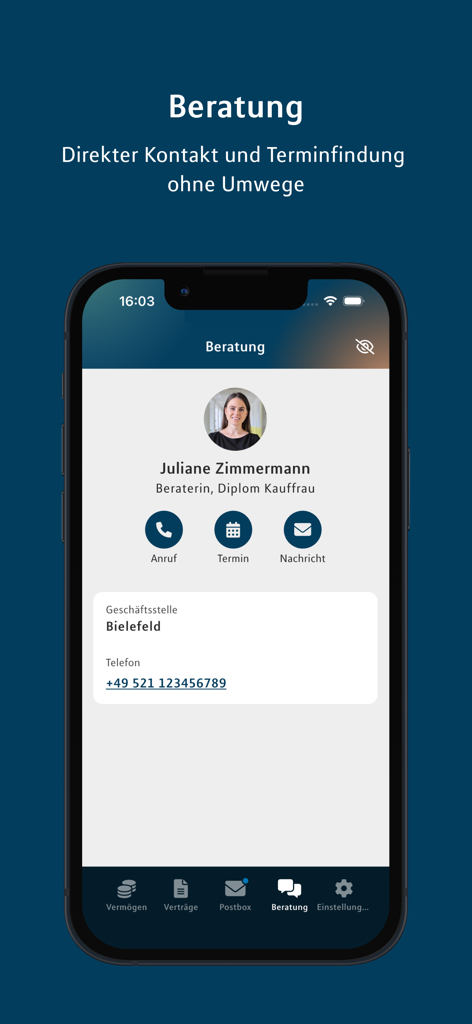Financial Home - Financial Home app screen showing advisor contact details and appointment options