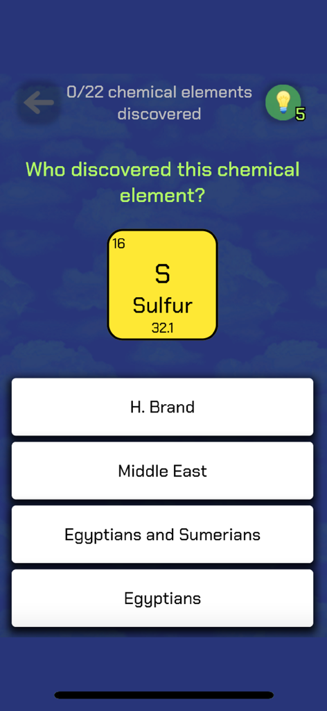 Una pregunta de quiz de química preguntando quién descubrió el elemento azufre