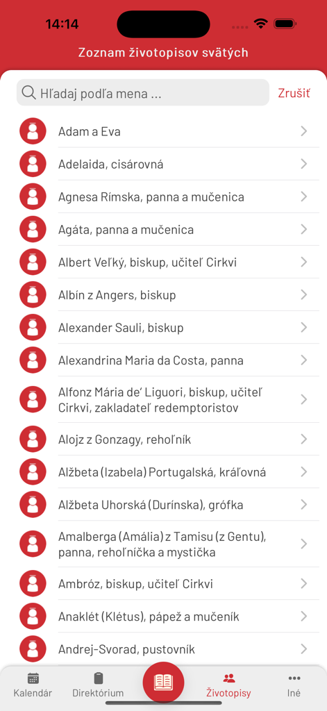 Liturgické čítania - List of saints biographies in the Liturgické čítania app