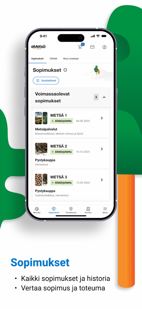 eMetsä Mobiili - Interface do aplicativo eMetsä Mobiili mostrando uma lista de contratos ativos de gestão florestal e de terras madeireiras