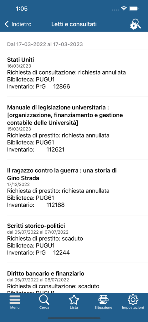 Biblio Teca - Captura de pantalla de la aplicación Biblio Teca mostrando una lista de libros leídos y consultados con sus estados de solicitud de préstamo y detalles de la biblioteca.