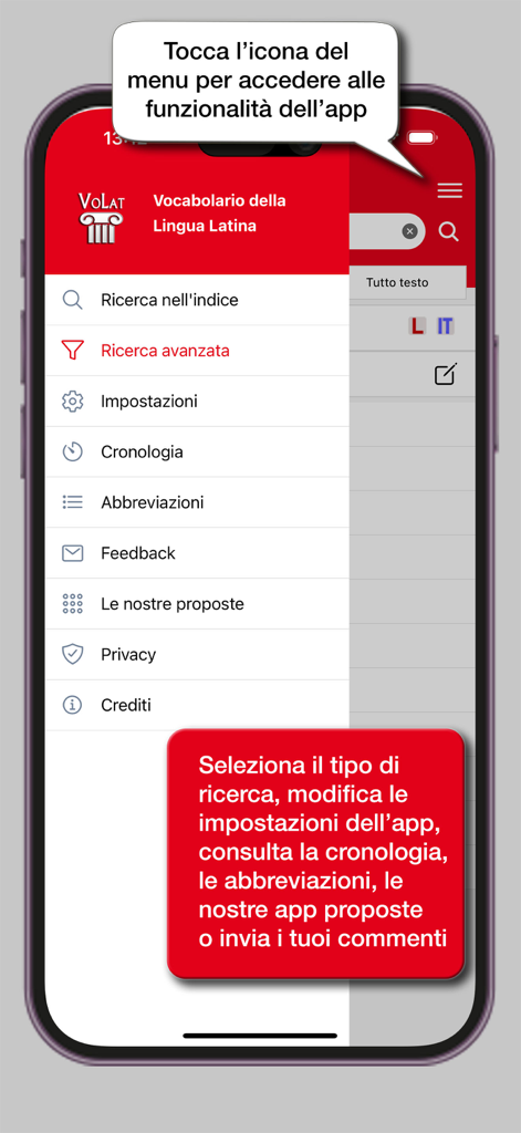 Seitenleisten-Navigationsmenü der Hoepli Latin Dictionary App mit Such- und Einstellungsoptionen.
