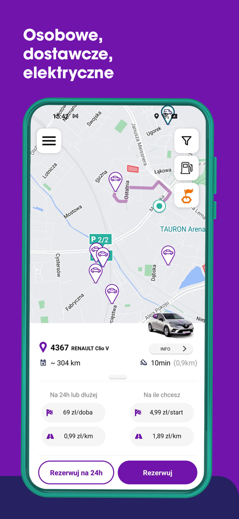 Interface do mapa da aplicação móvel Traficar mostrando carros disponíveis para aluguer e opções de preços