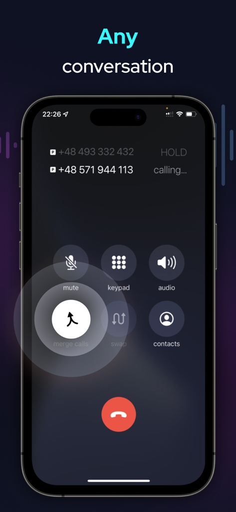 Interface of the Call Recorder app on iPhone showing the process of merging calls to start a recording