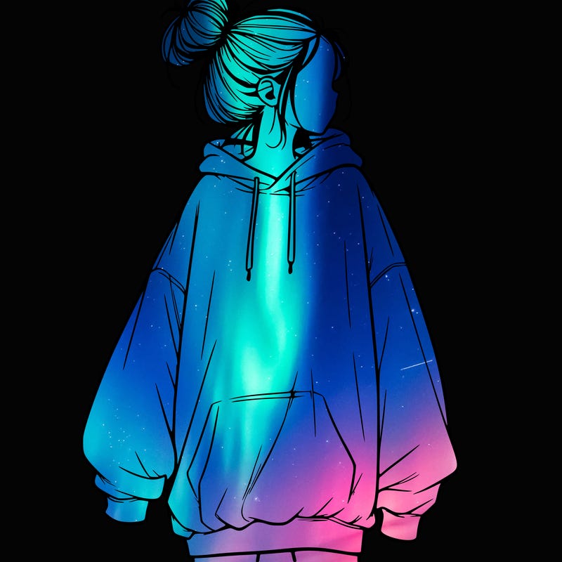 realistic girl with a oversized sweatshirt on and a bun
