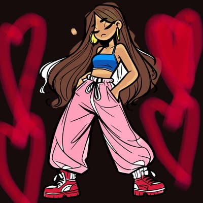 girl in baggy pants crop top and long hair