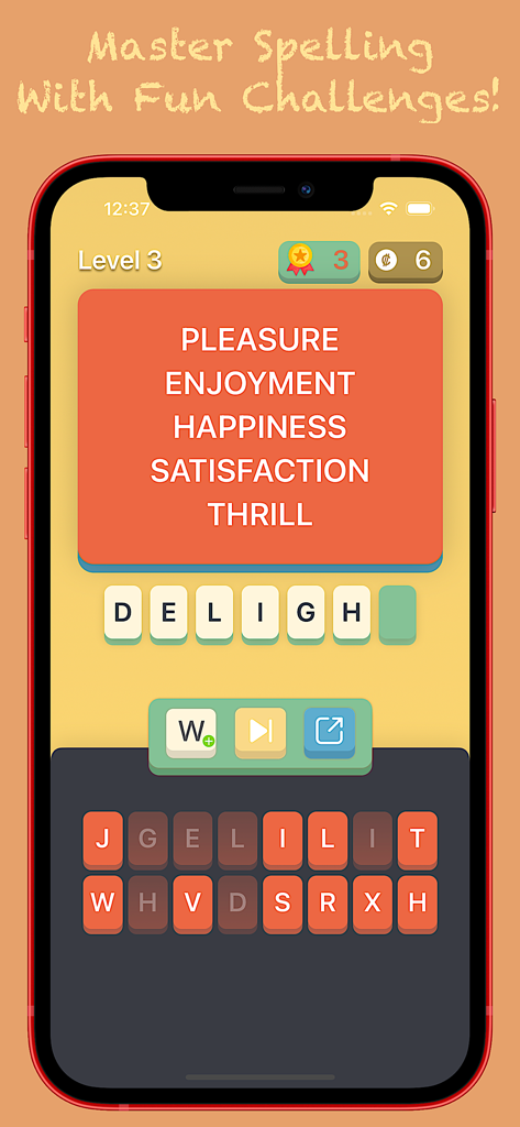 Spell Game+ - Mobile Benutzeroberfläche von Spell Game Plus, die Synonymhinweise für ein Gehirntrainings-Worträtsel anzeigt