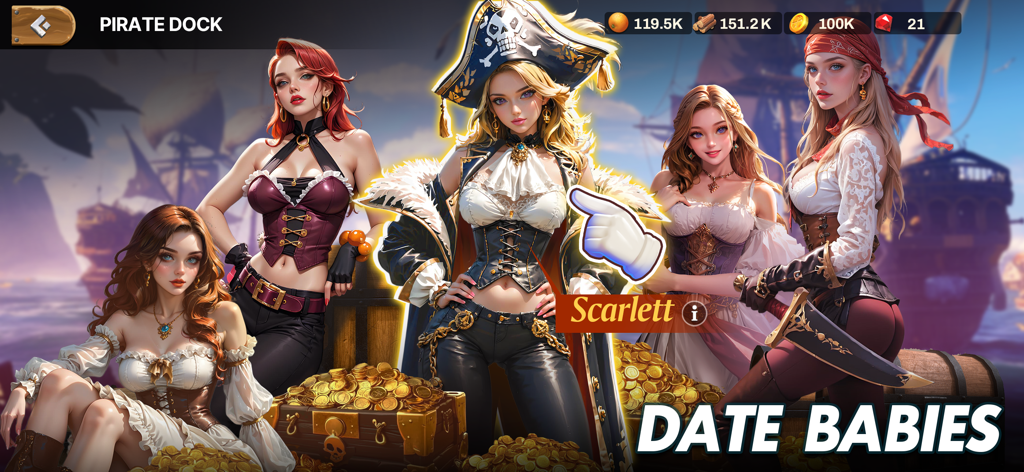 Lord of Seas mobile game screenshot showing female pirate companions in the Beauty Bonds dating feature.