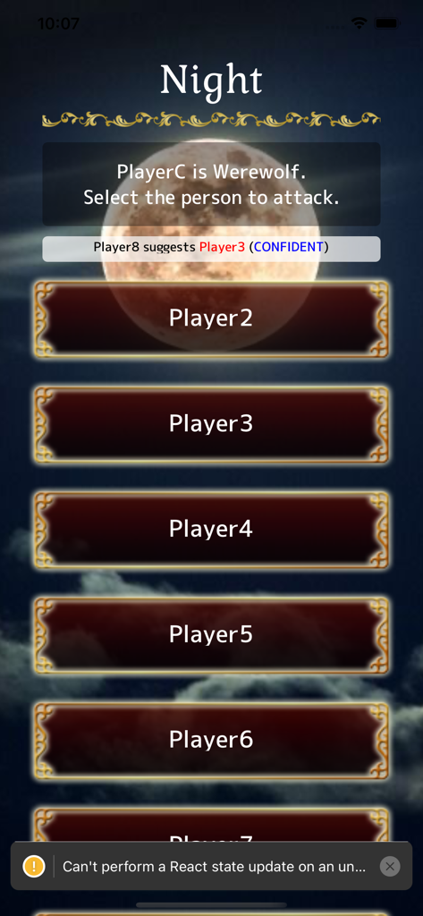 Werewolf -In a Cloudy Village- - Screenshot of the night phase in the Werewolf app where a player chooses which opponent to attack under a full moon background.