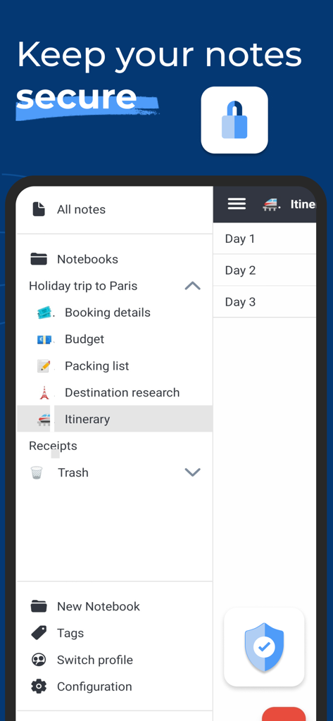 Interfaz de la aplicación móvil Joplin que muestra cuadernos organizados y almacenamiento seguro de notas