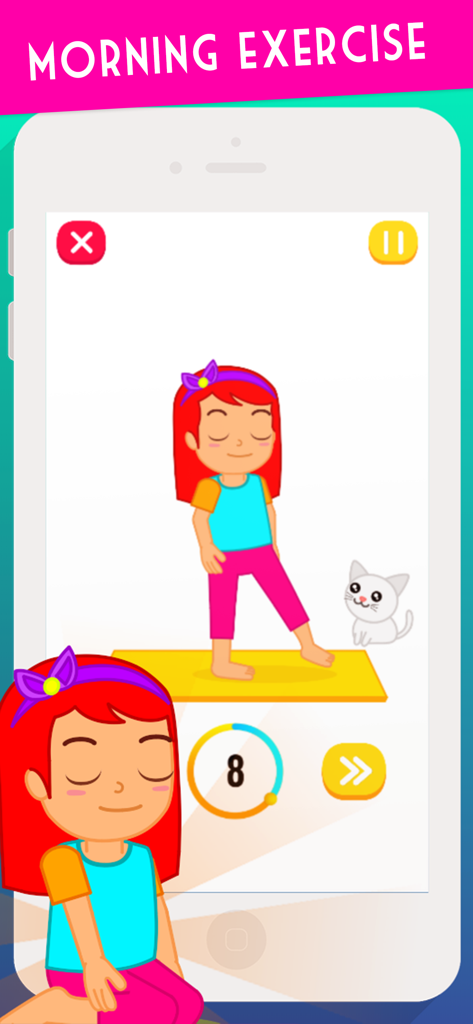Kids Exercise : Kids Workout - 子供向けフィットネスアプリで、ヨガのポーズをとる少女の漫画。朝の運動セッション中。