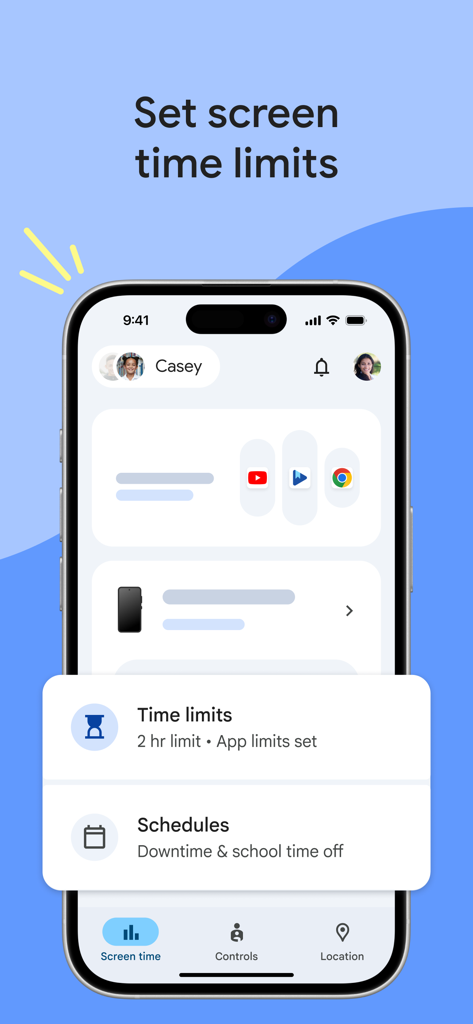 Google Family Link interface showing daily screen time limits and schedules for children