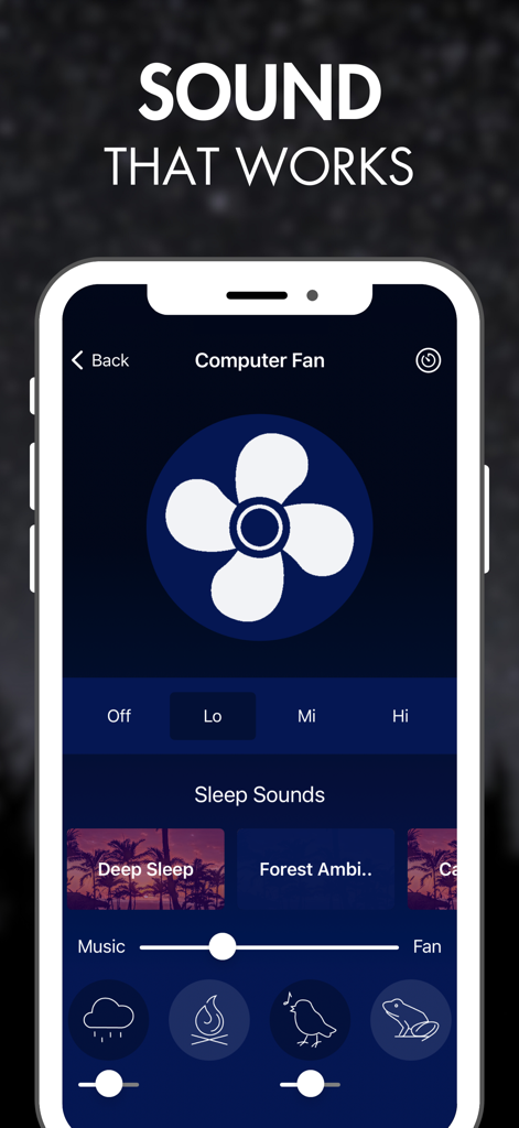 Box Fan Sound - Interface of the Box Fan Sound app for sleep with fan and ambient noise settings