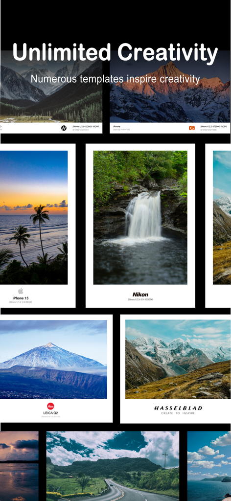 Frame Watermark Camera - Uma coleção de fotos de paisagem apresentando marcas d'água de marcas de câmera profissionais e molduras brancas elegantes.