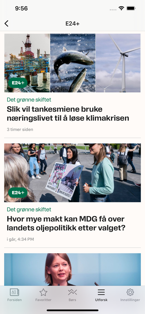 E24 - nyheter om økonomi - Interface de l'application d'actualités E24 montrant des articles économiques sur la transition verte et l'énergie