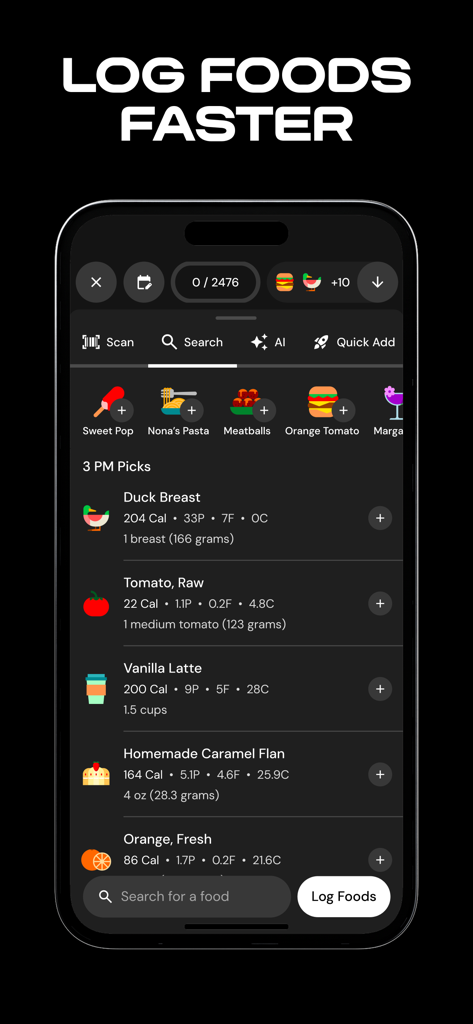 MacroFactor app interface for quick food logging with detailed calorie and macro information