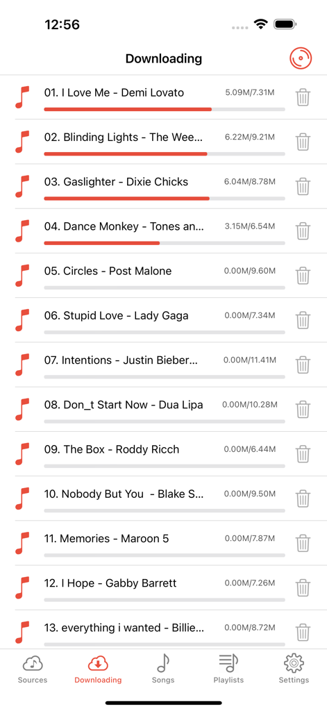 Cloud Music Player app screen displaying a list of songs being downloaded for offline playback