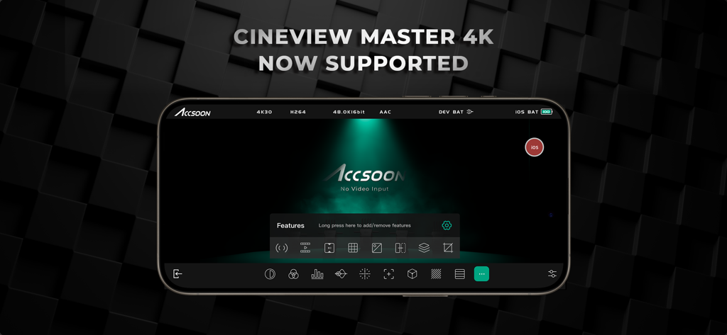 Accsoon SEE - Accsoon SEE app interface on an iPhone displaying support for CineView Master 4K and professional video monitoring tools