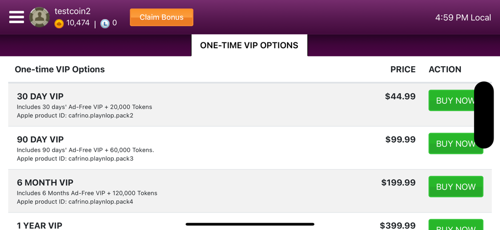 PlayNLOP - PlayNLOP app screen showing one-time VIP membership options and prices