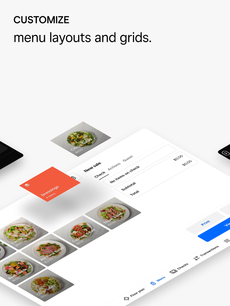 Square レストランPOSのインターフェース。iPadに食べ物の画像を含むカスタマイズ可能なメニューレイアウトとグリッドが表示されています。