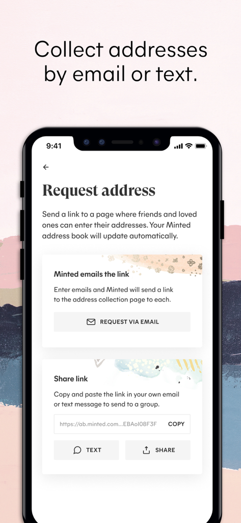 Minted: The Address Book - Smartphone screen showing the Minted app feature to request addresses from contacts via email, text, or a shared link.