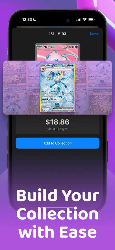 Smartphone screen showing the Scanemon app with a Glaceon EX card and its market value